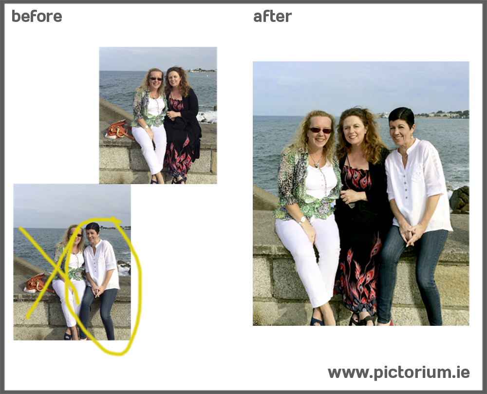 DUBLIN PHOTO EDITING RETOUCHING SERVICES Group Photo Sandycove Dun Laoghaire. Add person to photo. The Pictorium Photo Restoration Editing Digital Manipulation & Touch up of photos, Remove Add People & Objects, Change backgrounds, Torn Damaged Faded Creased Water Damaged Photos Professionally restored and Printed onto Paper, Canvas & Framed in one of our many Photo Frames. We work with customers Nationwide