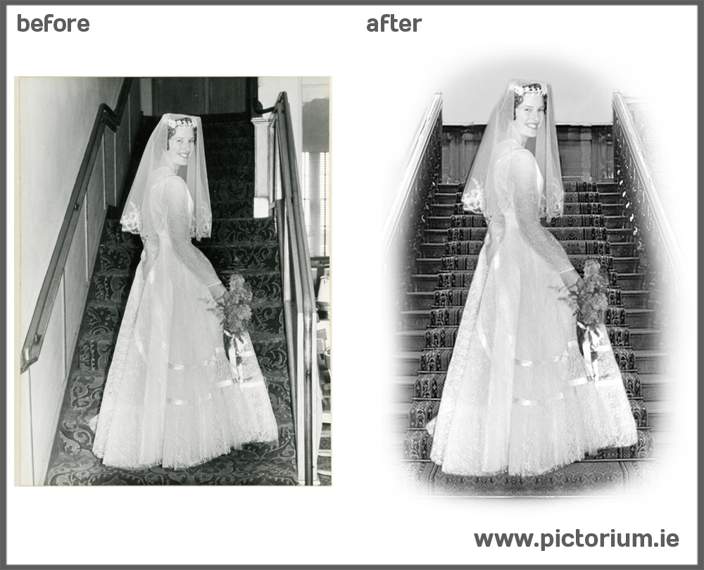 DUBLIN PHOTO EDITING RETOUCHING SERVICES Wedding Photo. Remove Background Staircase Add New Staircase. Remove person from photo. The Pictorium Photo Restoration Editing Digital Manipulation & Touch up of photos, Remove Add People & Objects, Change backgrounds, Torn Damaged Faded Creased Water Damaged Photos Professionally restored and Printed onto Paper, Canvas & Framed in one of our many Photo Frames. We work with customers Nationwide