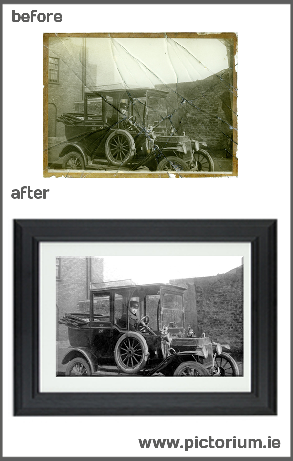 DUBLIN PHOTO RESTORATION SERVICES Discoloured and Damaged Photo Stuck to Glass. Restore, Retouch & Edit your photographs / photos by the experts at Pictorium Photoshop Monkstown Dublin Ireland. We work with customers Nationwide. Repair/Clean photos, Repair/Fix tears, cracks, creases & scratches, Remove stains, smudges, water damage, discolouration, Restore faded or dark photos, Piece together & restore ripped and torn photos. We also restore very badly damaged photos, restoring faces, body and backgrounds. Restore & print your photos wonderful as a present / gift or fill your home with everlasting memories. Order By Phone (01) 284 6106 • Via Email info@pictorium.ie • or Call into our Shop.