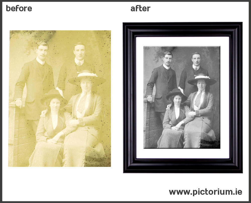 DUBLIN PHOTO RESTORATION SERVICES Marks Stains and Coloured Spots on Old Faded Photo. Restore, Retouch & Edit your photographs / photos by the experts at Pictorium Photoshop Monkstown Dublin Ireland. We work with customers Nationwide. Repair/Clean photos, Repair/Fix tears, cracks, creases & scratches, Remove stains, smudges, water damage, discolouration, Restore faded or dark photos, Piece together & restore ripped and torn photos. We also restore very badly damaged photos, restoring faces, body and backgrounds. Restore & print your photos wonderful as a present / gift or fill your home with everlasting memories. Order By Phone (01) 284 6106 • Via Email info@pictorium.ie • or Call into our Shop.