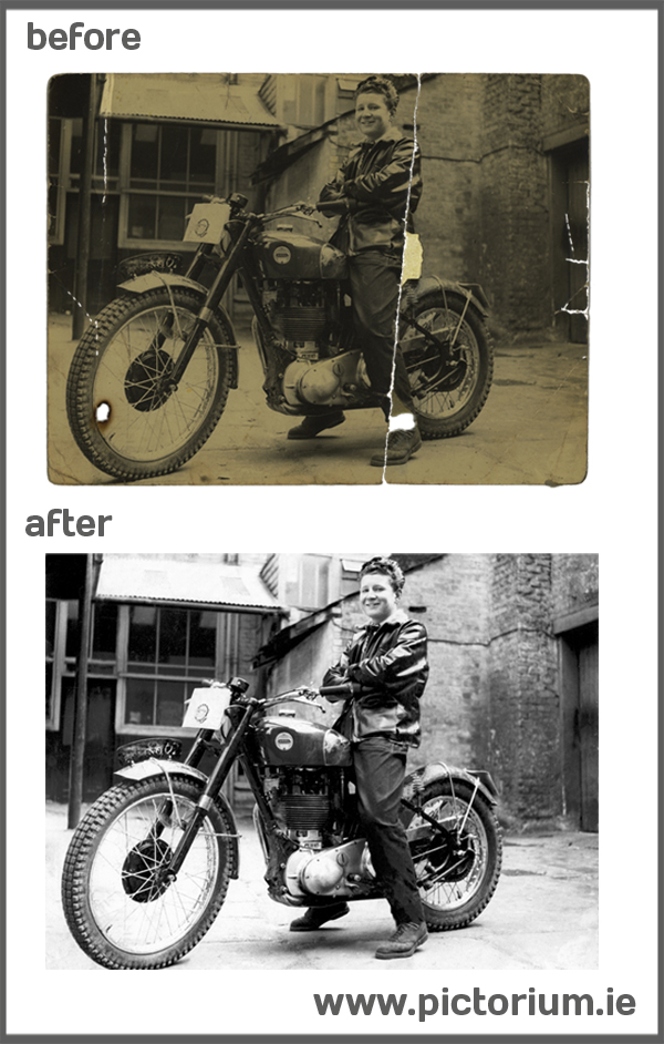 DUBLIN PHOTO RESTORATION SERVICES Creased, Discoloured and Burnt photo of a Motorbike. Restore, Retouch & Edit your photographs / photos by the experts at Pictorium Photoshop Monkstown Dublin Ireland. We work with customers Nationwide. Repair/Clean photos, Repair/Fix tears, cracks, creases & scratches, Remove stains, smudges, water damage, discolouration, Restore faded or dark photos, Piece together & restore ripped and torn photos. We also restore very badly damaged photos, restoring faces, body and backgrounds. Restore & print your photos wonderful as a present / gift or fill your home with everlasting memories. Order By Phone (01) 284 6106 • Via Email info@pictorium.ie • or Call into our Shop.