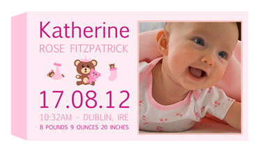 Baby Born Nursery Art. Baby Girl Birth with Photo Birth Scrolls on Canvas or Framed. Custom peronsalised Scrolls designed and printed. Amazing customer reviews. Print Canvas Frame at Pictorium Photoshop Monkstown Your full service Photo Shop. They make the most wonderful gifts: Birthday • Engagement • Wedding • New Baby Why not create a special one for your home, they make a great talking point.