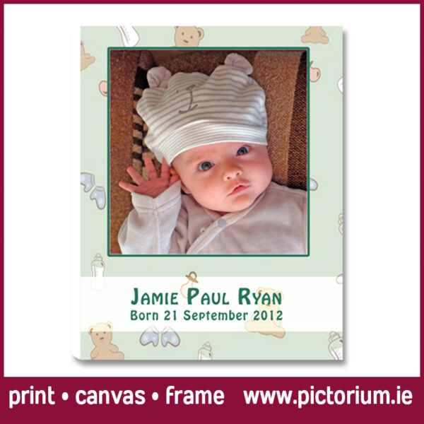 Baby Born Nursery Art. Baby Boys Photo with Name and Birth details with Illustrations in the Background. Canvas or Framed. Custom personalised Collages and Nursery Art designed and printed. Amazing customer reviews. Print Canvas Frame at Pictorium Photoshop Monkstown Your full service Photo Shop. They make the most wonderful gifts: Birthday • Engagement • Wedding • New Baby Why not create a special one for your home, they make a great talking point. Posted nationwide