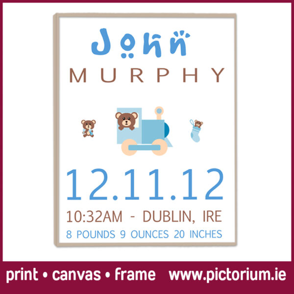 Baby Born Nursery Art. Boys Train Illustrations with Birth Date. Canvas or Framed. Custom personalised Collages and Nursery Art designed and printed. Amazing customer reviews. Print Canvas Frame at Pictorium Photoshop Monkstown Your full service Photo Shop. They make the most wonderful gifts: Birthday • Engagement • Wedding • New Baby Why not create a special one for your home, they make a great talking point. Posted nationwide
