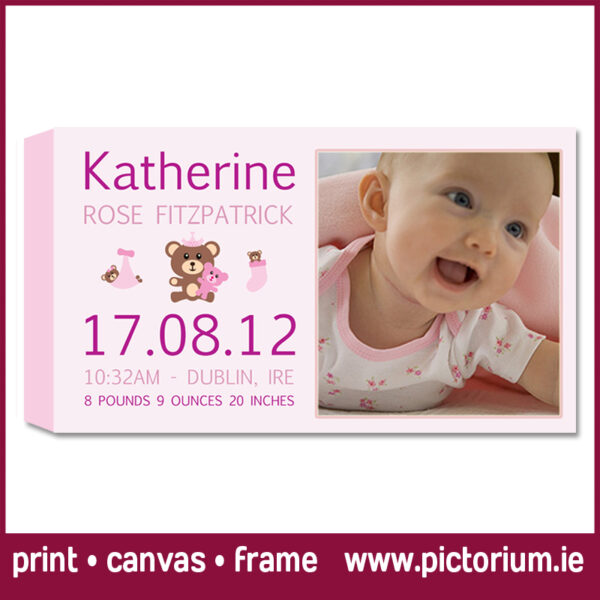 Baby Born Range of Scrolls. Baby Girl Birth with Photo Birth Scrolls on Canvas or Framed. Custom peronsalised Scrolls designed and printed. Amazing customer reviews. Print Canvas Frame at Pictorium Photoshop Monkstown Your full service Photo Shop. They make the most wonderful gifts: Birthday • Engagement • Wedding • New Baby Why not create a special one for your home, they make a great talking point.