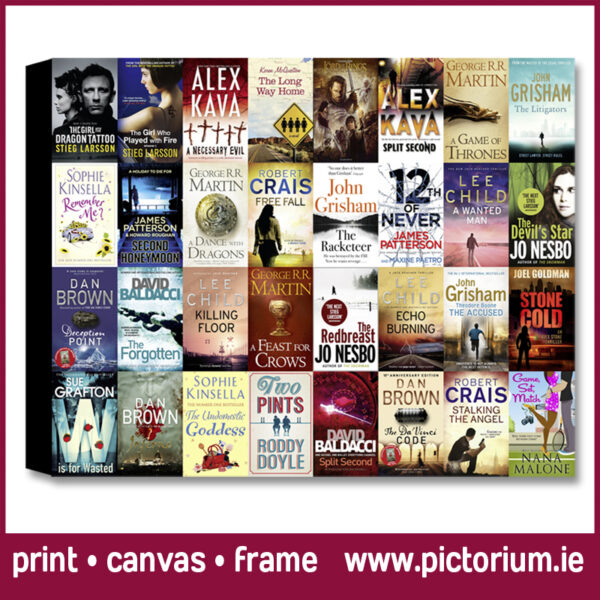 Book Cover Collages Printed and Framed. Personalised iTune Album Cover Collages and Book Cover Collages designed and printed. Pictorium Photoshop Monkstown Dublin. Print Canvas Frame Float Frame Block. Birthday Engagement Anniversary Wedding Christmas Mothers Day Fathers Days Gifts