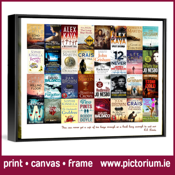 Book Cover Collages Printed on Canvas. Personalised iTune Album Cover Collages and Book Cover Collages designed and printed. Pictorium Photoshop Monkstown Dublin. Print Canvas Frame Float Frame Block. Birthday Engagement Anniversary Wedding Christmas Mothers Day Fathers Days Gifts