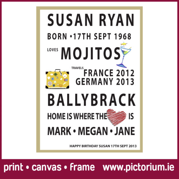 Life Scrolls. Personalised Birthday Life Scrolls on Canvas or Framed. Custom peronsalised Scrolls designed and printed. Amazing customer reviews. Print Canvas Frame at Pictorium Photoshop Monkstown Your full service Photo Shop. They make the most wonderful gifts: Birthday • Engagement • Wedding • New Baby Why not create a special one for your home, they make a great talking point.