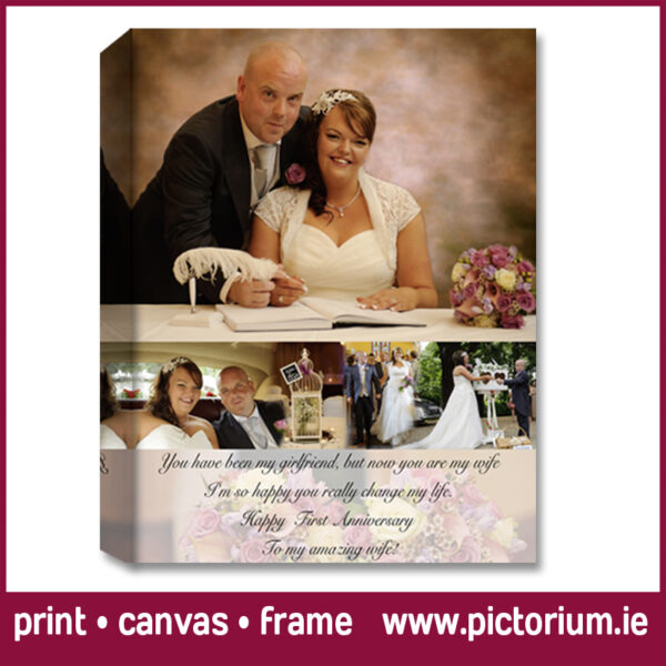 WEDDING PHOTO COLLAGE Personalised with Vows. 1st Anniversary Gift. Print, Canvas Framed.Pictorium Photoshop Monkstown Dublin We Design and Print Personalised Photo Collages. Unique designs. Canvas, Printed, Framed, Block Float, Frame. Delivered all around Ireland. Birthday, Anniversary, Engagement, Wedding, Mothers Day, Fathers Day, Valentines Day, Christmas Gifts