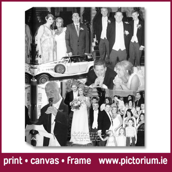 WEDDING PHOTO COLLAGE on Canvas Personalised with Wedding Vows. Pictorium Photoshop Monkstown Dublin We Design and Print Personalised Photo Collages. Unique designs. Canvas, Printed, Framed, Block Float, Frame. Delivered all around Ireland. Birthday, Anniversary, Engagement, Wedding, Mothers Day, Fathers Day, Valentines Day, Christmas Gifts