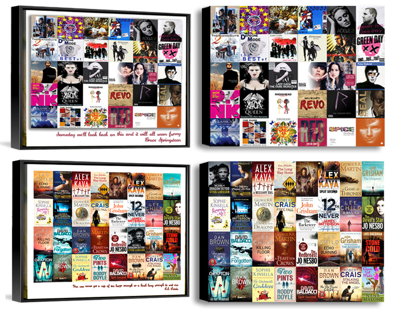 iTunes Photo Collage on Canvas. Personalised iTune Album Cover Collages and Book Cover Collages designed and printed. Pictorium Photoshop Monkstown Dublin. Print Canvas Frame Float Frame Block. Birthday Engagement Anniversary Wedding Christmas Mothers Day Fathers Days Gifts