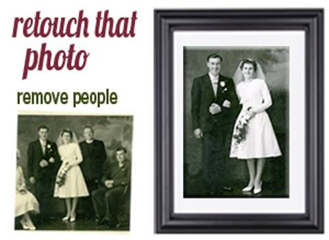 BLOG PHOTO EDITING RETOUCHING SERVICES Wedding photo. We removed two people from the photo and then restored the photo. Printed and Framed.. Remove person from photo. The Pictorium Photo Restoration Editing Digital Manipulation & Touch up of photos, Remove Add People & Objects, Change backgrounds, Torn Damaged Faded Creased Water Damaged Photos Professionally restored and Printed onto Paper, Canvas, & Framed in one of our many Photo Frames. We work with customers Nationwide