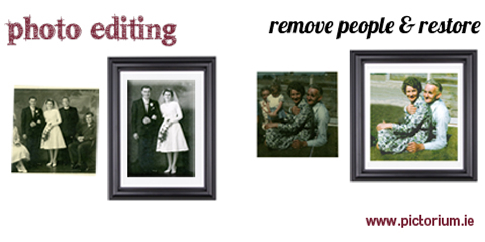 BLOG DUBLIN PHOTO EDITING RETOUCHING SERVICES Wedding photo. We removed two people from the photo and then restored the photo. Printed and Framed.. Remove person from photo. The Pictorium Photo Restoration Editing Digital Manipulation & Touch up of photos, Remove Add People & Objects, Change backgrounds, Torn Damaged Faded Creased Water Damaged Photos Professionally restored and Printed onto Paper, Canvas, & Framed in one of our many Photo Frames. We work with customers Nationwide