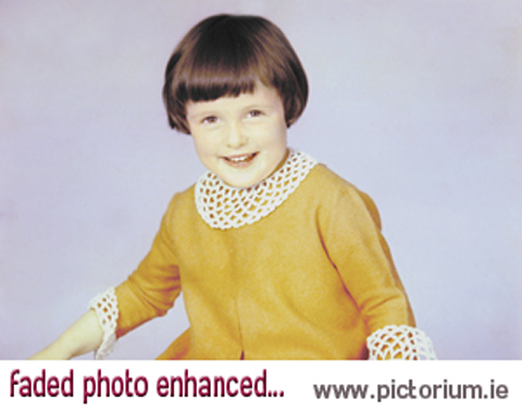 PHOTO RESTORATION Faded and discoloured photo. Restore, Retouch & Edit your photographs / photos by the experts at Pictorium Photoshop Monkstown Dublin Ireland. We work with customers Nationwide. Repair/Clean photos, Repair/Fix tears, cracks, creases & scratches, Remove stains, smudges, water damage, discolouration, Restore faded or dark photos, Piece together & restore ripped and torn photos. Restore & print your photos wonderful as a present / gift or fill your home with everlasting memories. Order By Phone (01) 284 6106 • Via Email info@pictorium.ie • or Call into our Shop.