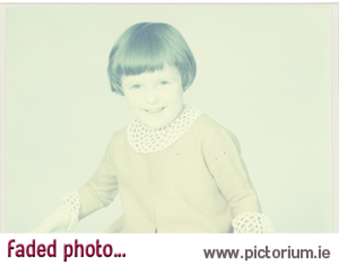 PHOTO RESTORATION Faded and discoloured photo. Restore, Retouch & Edit your photographs / photos by the experts at Pictorium Photoshop Monkstown Dublin Ireland. We work with customers Nationwide. Repair/Clean photos, Repair/Fix tears, cracks, creases & scratches, Remove stains, smudges, water damage, discolouration, Restore faded or dark photos, Piece together & restore ripped and torn photos. We also restore very badly damaged photos, restoring faces, body and backgrounds. Restore & print your photos wonderful as a present / gift or fill your home with everlasting memories. Order By Phone (01) 284 6106 • Via Email info@pictorium.ie • or Call into our Shop. 2